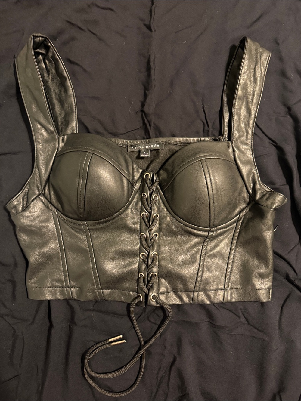Haute Monde Black Faux Leather Lace-Up Bustier Crop Top